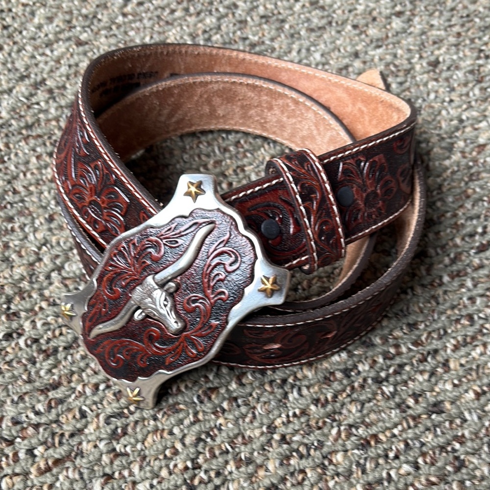 Brown Tooled Leather Belt with Silver Buckle